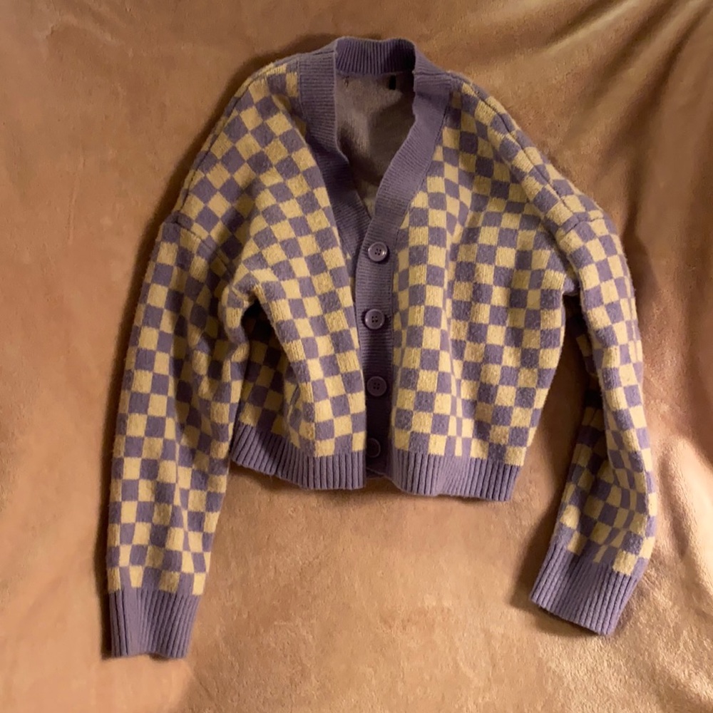 Y2K LILAC & CREAM CHECKERED CROPPED CARDIGAN